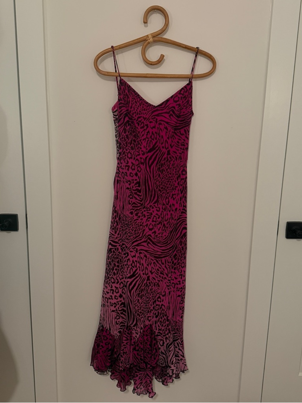 VINTAGE BETSEY JOHNSON SILK HOT PINK ANIMAL PRINT CHEETAH MIDI MAXI DRESS XS P